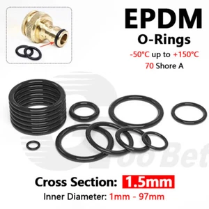 Hose Pipe Connector Seals O-rings EPDM 1.5mm Cross Section 1-97 mm ID 70 Shore A - Picture 1 of 96