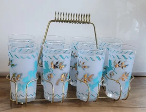 MCM Federal Drinkware 8 glasses Persian Polo Players horses 1 metal Caddy 1950's - Picture 1 of 8