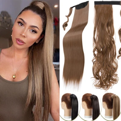 Real Thick As Human Hair Ponytail Extensions Wrap Around Pony tail Straight Long - Image 1 of 4