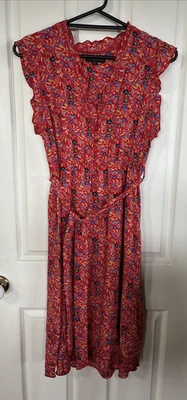 Caroline Morgan Dress Size 14 Red Floral Elastic Waist Tie Cap Sleeves 4 Buttons - image 1 of 4