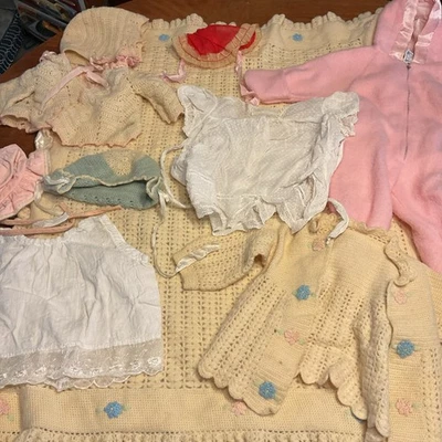 Lot of 10 Vintage Baby Clothes, Dresses, Jackets, & Blanket - Image 1 of 4