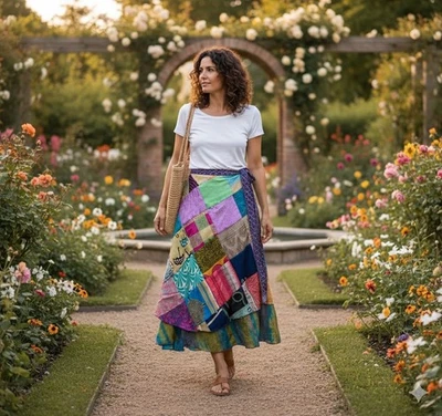 De colección Doble Capa Seda Envoltura Azul Amarillo Faldas Patchwork Envoltura Arounds L-36" Foto 1 de 3