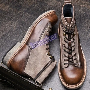 Retro Men's Lace Up Real Leather Ankle Boots Motorcycle Work Shoes British Style - Picture 1 of 18