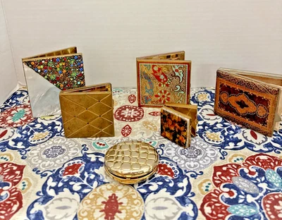 Vintage Compacts, Cigarette Case, Pill Box, Leather, Rhinestones, Hand Painted - Image 1 of 4