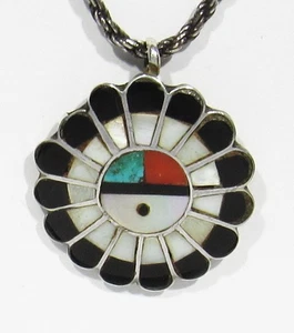 Old Signed Zuni LL Dickson 925 Silver Turquoise Coral Mo Pearl Sunface Pendant - Picture 1 of 7