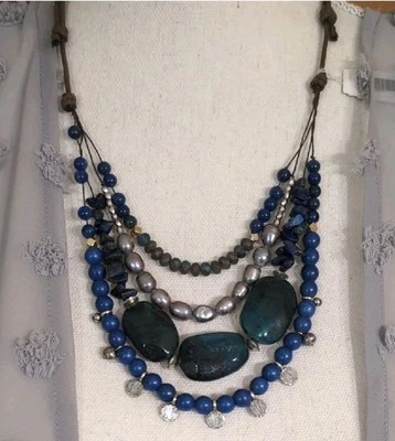 NWT J. JILL Blue, Green & Silver Beads Gemstones Layered Necklace Adjustable - Image 1 of 4