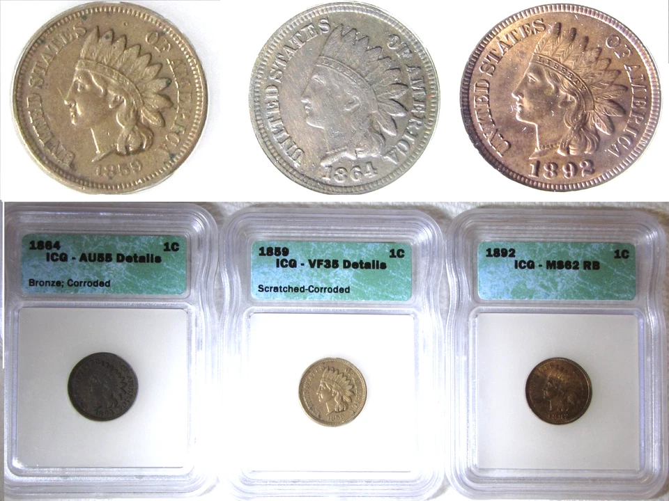 1859 VF35, 1864 AU55, and 1892 MS62 RB Indian Head One Cent 1C Penny ICG Graded - Image 1 of 4