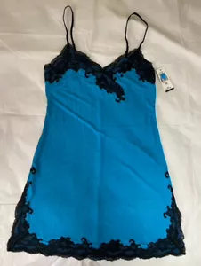Natori Essential Elegant Trim Nightgown Chemise Blue with Black Lace XS - Picture 1 of 15
