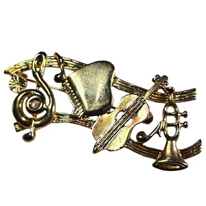 Musical Instruments Brooch Gold Tone Piano Violin Trumpet Notes Orchestra Band - Picture 1 of 4