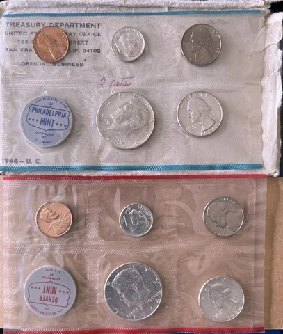 1964 PD Uncirculated Mint Set, 10 Coins, 6 are 90% Silver *Last Year* Cover