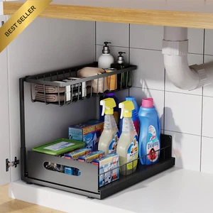 2-Tier Sliding Under Sink Organizer Pull Out Basket for Kitchen, Bathroom - Picture 1 of 12