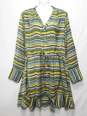 Jessica Simpson Short Blouson Button Dress Women M Drawstring Waist Green Yellow - Image 1 of 4