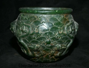 7.6" Old Chinese Natural Green Jade Carved Dynasty 2 Dragon Bead Pot Jar Crock - Picture 1 of 12