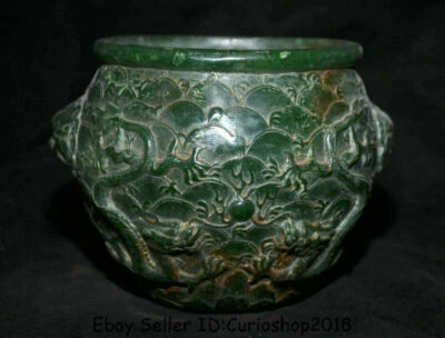 7,6-дюймовый старый китайский натуральный зеленый нефрит резная династия 2 дракона бусина горшок банка камень - Изображение 1 из 4