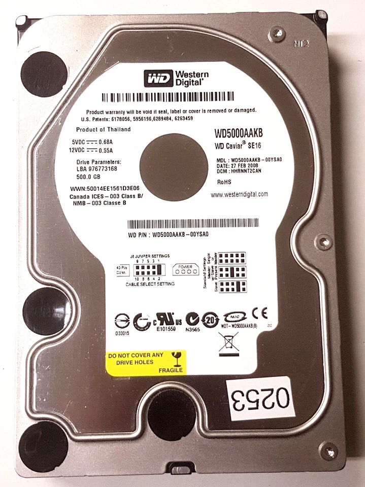 500 GB Ide Western Digital WD5000AAKB-00YSA0 P-Ata 7200rpm 16MB 3,5 " Hard Drive - Image 1 of 1