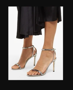 Jimmy Choo Minny 85 Silver Iridescent Glitter Strappy Sandal Heels Women 9 EU 39 - Picture 1 of 21