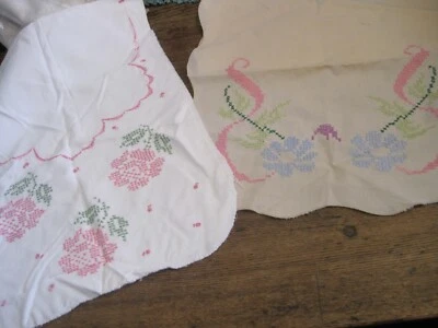 VTG STAMPED FLORAL CROSS STITCH TABLE RUNNERS/DRESSER SCARF-ALMOST FINISHED - Image 1 of 3