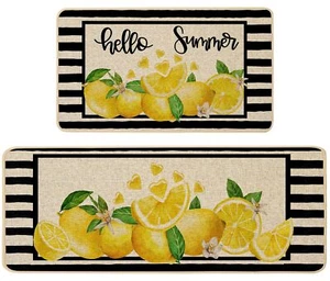 Hello Summer Kitchen Mats Rugs Set of 2 Lemon Black Stripes Cool Fruit Summer... - Picture 1 of 9