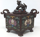 Brûleur d'encens floral chinois antique vintage en bronze champleve Fu Foo Dog M23