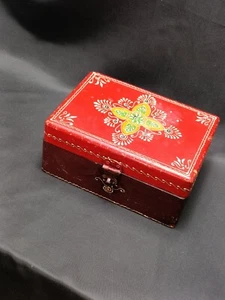 Vintage Handmade & Hand-Painted Wooden Box - Folk Art Possibly Indian Chest Red - Picture 1 of 19