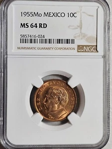 Mexico 10 Centavos 1955Mo NGC MS 64 RD - Picture 1 of 2