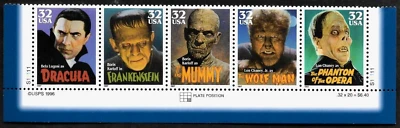 HOLLYWOOD CLASSIC FILMS MOVIE MONSTERS US 3168-3172 MNH P# 32c STAMPS BLOCK SET - Image 1 of 2