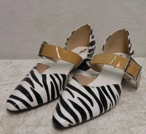 Jolimall BLACK Zebra Size 7 Shoe Pointed Toe Mary Jane Buckle Strap Kitten Heel - Picture 1 of 9