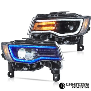 For 2017-2022 Jeep Grand Cherokee Black Housing Headlights Blue DRL Left+Right - Picture 1 of 10