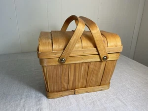 Picnic Basket Natural Wood Woven Vtg Splint Wicker Hinged Lid Wooden Dbl Handle - Picture 1 of 9