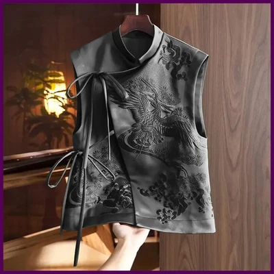 Vintage Chinese Style Outerwear Vest White Crane/Flowers Embroidered Lacing - Image 1 of 4