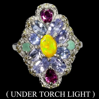 925 Sterling Silver Ring Oval Fire Opal 6x4mm Tanzanite Gemstone Jewelry Size 8 - Image 1 of 4