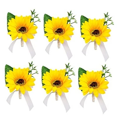 Boutonniere for Prom, 6 Pcs Artificial Sunflower Corsage Men Style 1 Yellow - Image 1 of 4