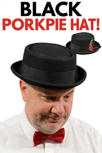 Deluxe BLACK WOOL FELT PORK PIE HAT Feather Keaton Prop Costume Cap Adult Walter - Picture 1 of 10
