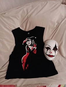 DC Comic Harley Quinn Joker No Sleeve T Shirt Lge Black With Mask  RARE HTF - Picture 1 of 6