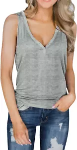 Womens V Neck Tank Tops Sleeveless Henley Shirts Button up Ribbed Long Tunic Tee - Picture 1 of 12