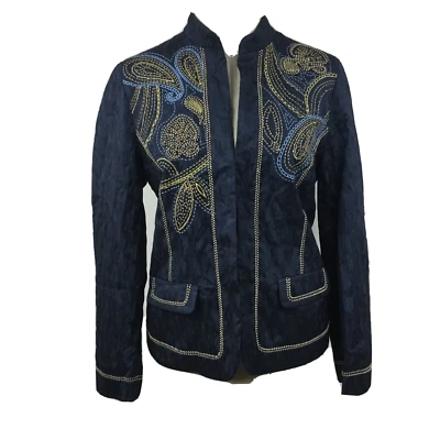 Женский блейзер Alfred Dunner с открытой передней вышивкой синий миниатюрный 10P НОВЫЙ - Изображение 1 из 4