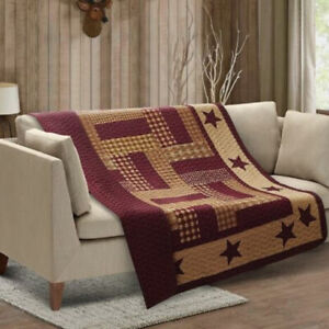 Farmhouse Burgundy Star Printed Quilted Throw Blanket Country Primitive