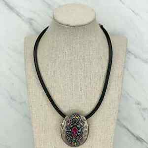 Chico's Black Leather Cord Colorful Rhinestone Pendant Necklace
