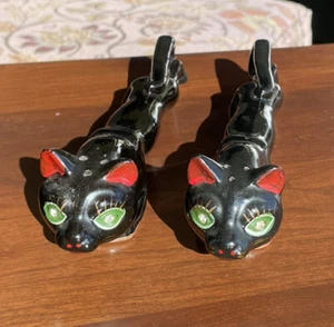 De colección Japón Pantera Negra Larga Gato Sal y Pimienta Estrás Ojos Verdes Años 50 - Imagen 1 de 12