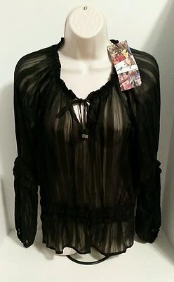 Spiegel 女式黑色透明野鸡条纹衬衫 12 码全新带标签 — 第 1/4 张图片