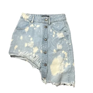 Retrofete Maeve Slant Hem Denim Mini Skirt Distressed Dark Wash Size Small - Picture 1 of 4