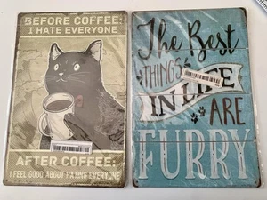 2 Cat Metal Signs Wall Hanging Cat Lover & Coffee Lover Gift Humour Animal Lover - Picture 1 of 8