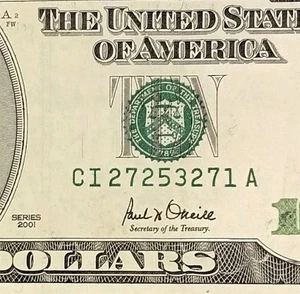 CI27253271A $10 2001 Note Ten Dollar Bill - Picture 1 of 5
