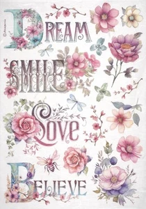 Papel de arroz Stamperia A4 para decoupage - ''Dream Smile Love Believe'' - Inspirati - Imagen 1 de 1