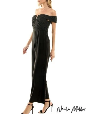 Women's "Nicole Miller" Off Shoulder Wide-leg Ruched Jumpsuit Size 14 Black NWT - Image 1 of 4