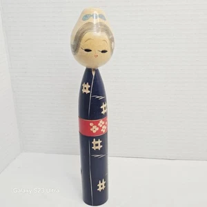 Vintage Tall Kokeshi Japanese Doll 10” Hand Painted Flowers Blue Kimono No Box - Picture 1 of 8