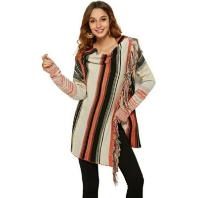 Mujeres Borla Tejido Envolvente Cárdigan Rayas Suéter Poncho Chal Abrigo Prendas de abrigo Prendas de abrigo Prendas para el torso Foto 1 de 4