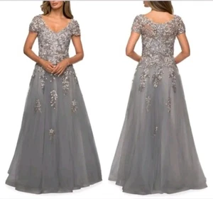 La Femme Size 12 Floral Applique Vneck Tulle Gray 27968 Beaded Faux Pearls Dress - Picture 1 of 12