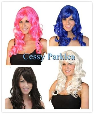 SN-D7-5 Neon Long Costume Fancy Dress Up Curly Wigs Black  White Pink Blue Brown - Image 1 of 4