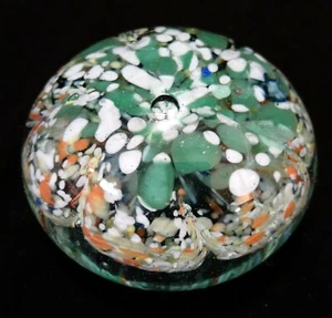 Art Glass Paperweight 3" Green Glass w Splashes and Confetti - Picture 1 of 9